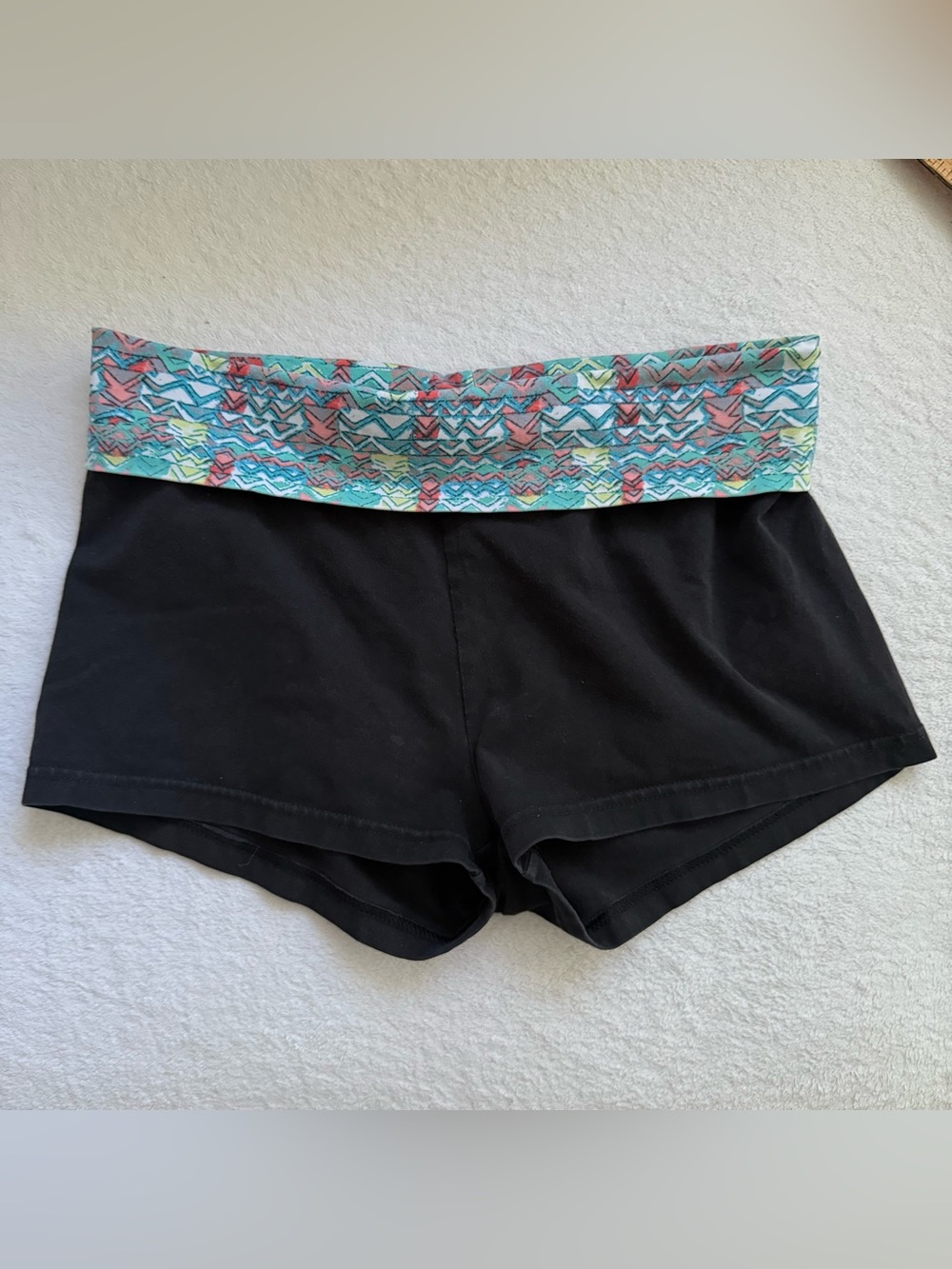 aerie Black Fold-Over Shorts with Multicolor Patterned Waistband